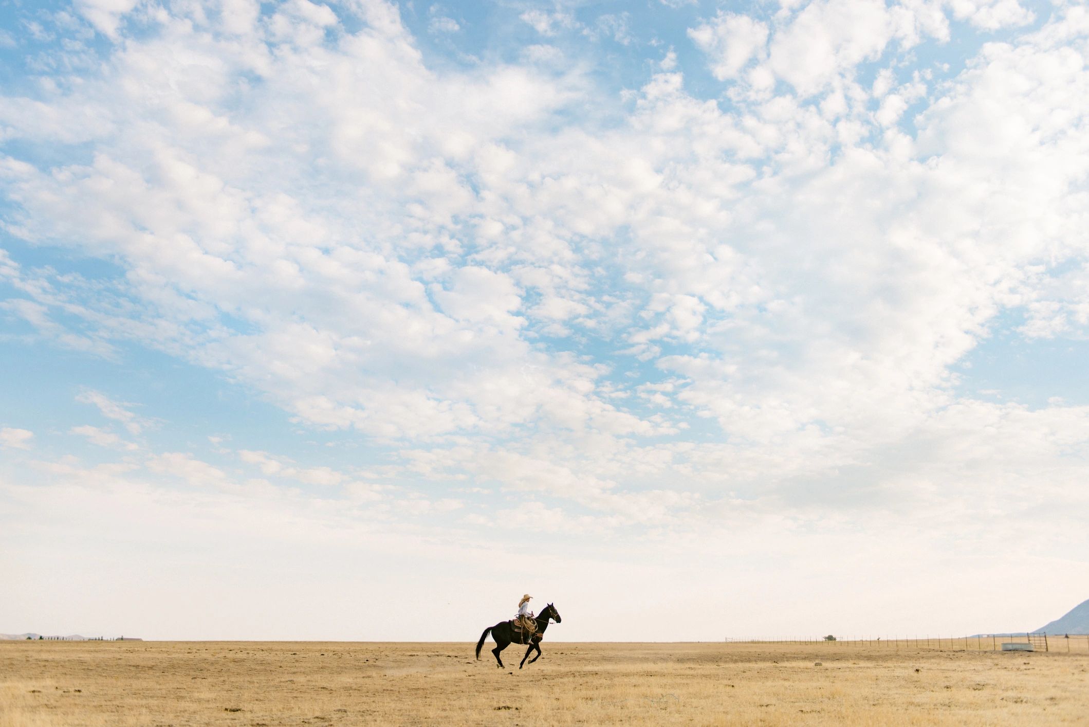 Rider on horseback crossing a wide prairie trail